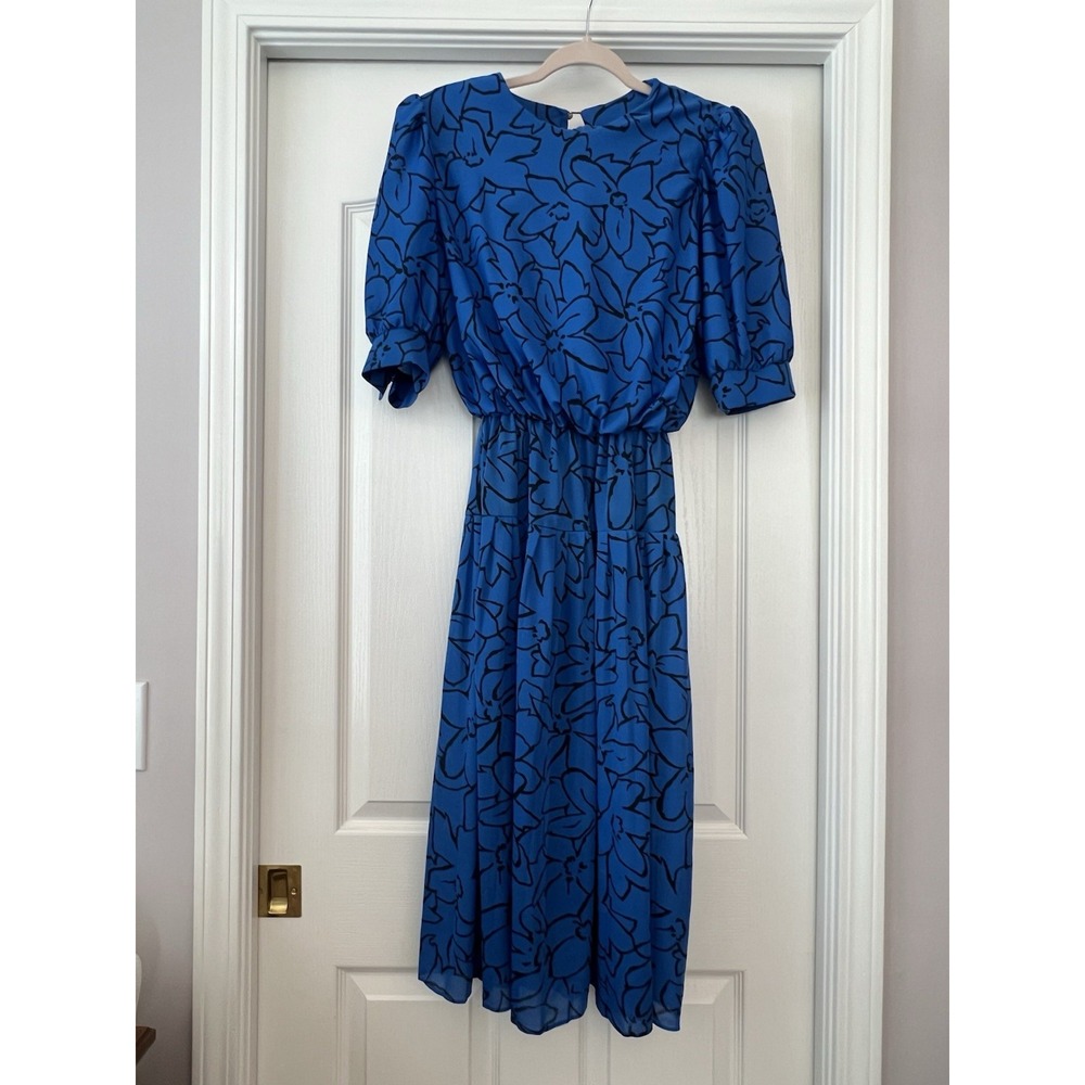 Vintage Amy Deb Dress Size Small Medium Blue‎ Black Floral Evening Cottagecore